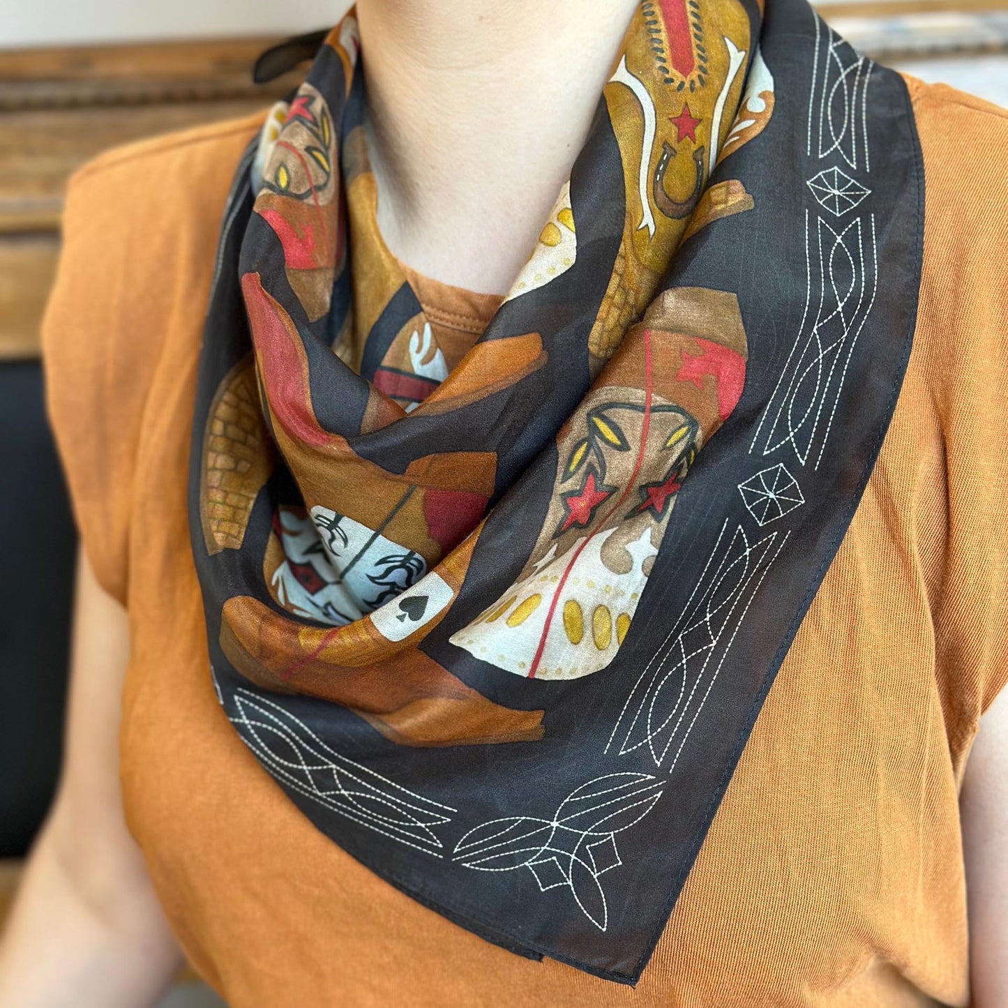 Cowboy Boot Scarf - Silk/Cotton - Charcoal Black